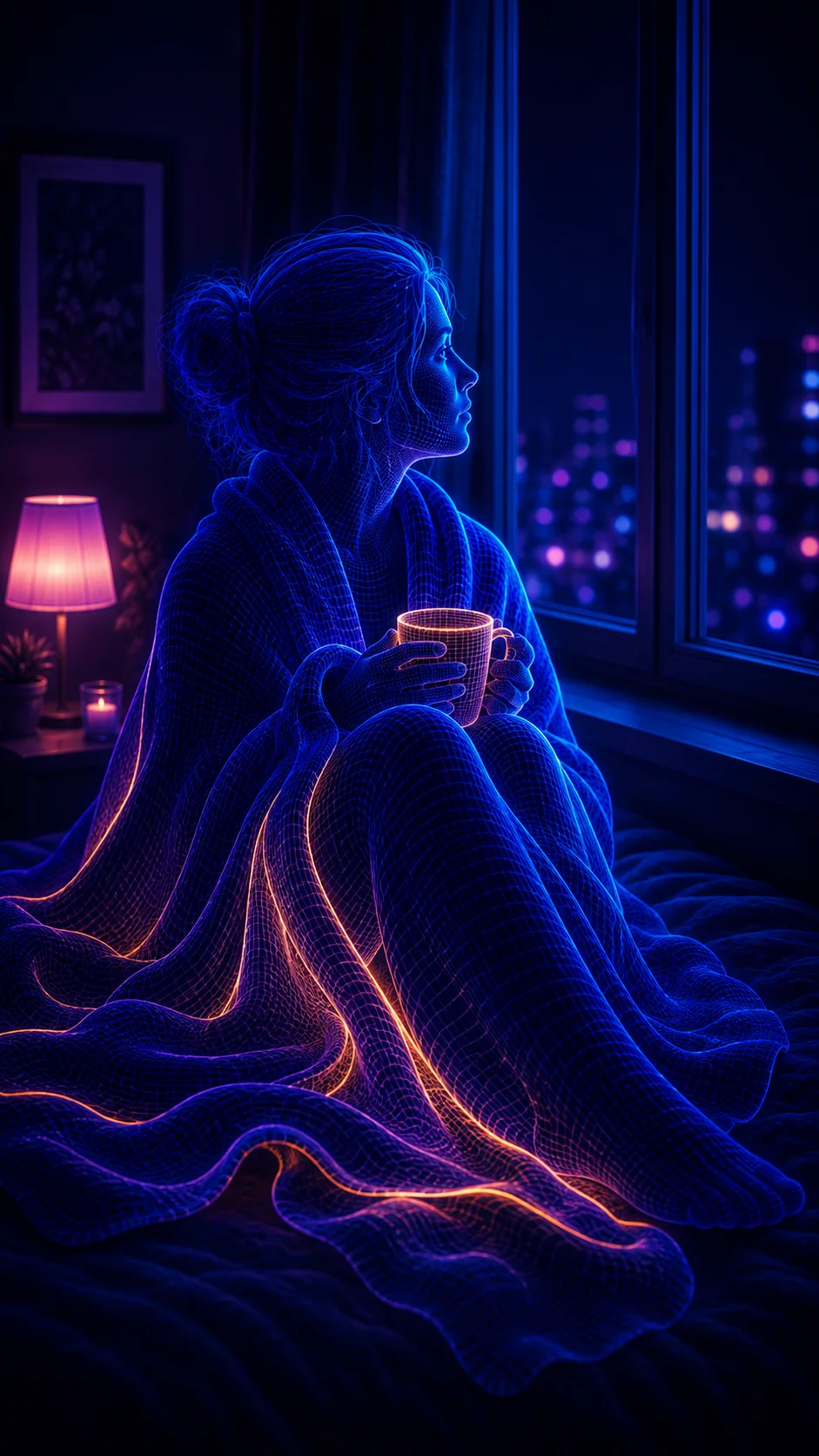 Eine ruhige, blau-violette Abendszene am Fenster