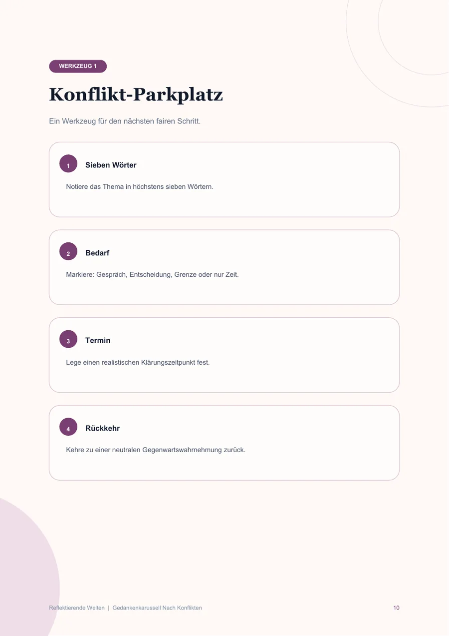 Beispiel für die Methode aus dem Workbook: Gedankenkarussell nach Konflikten